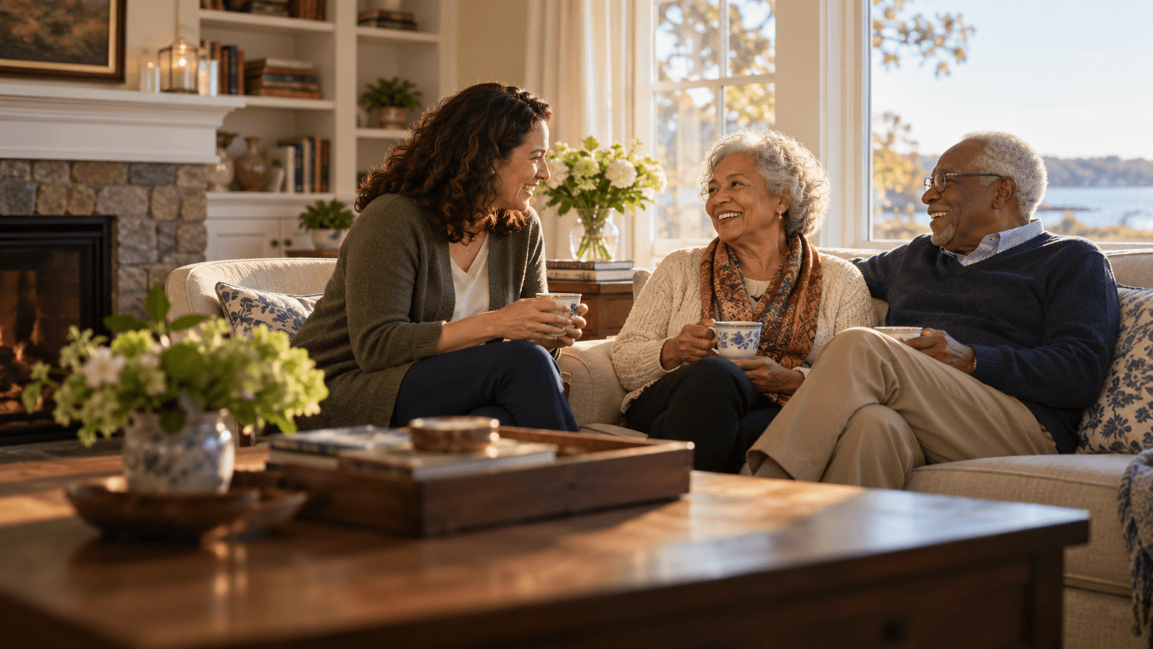 Older couple sharing tea with a trusted companion in a warm home
