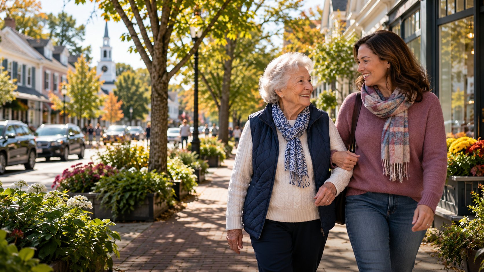 Older woman walking with her companion on a leafy local main street
