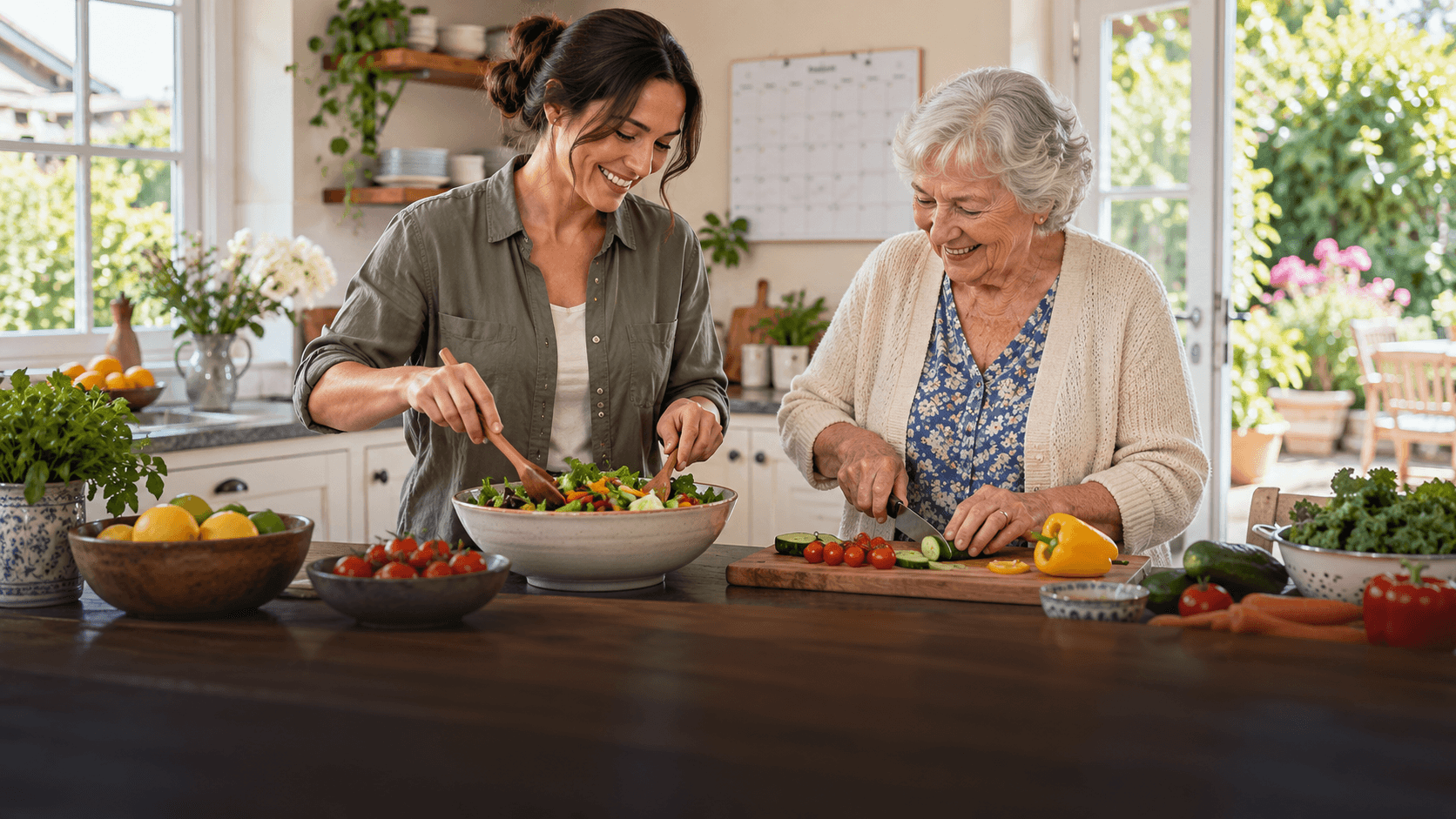 Older woman preparing a fresh meal with her companion in a bright kitchen