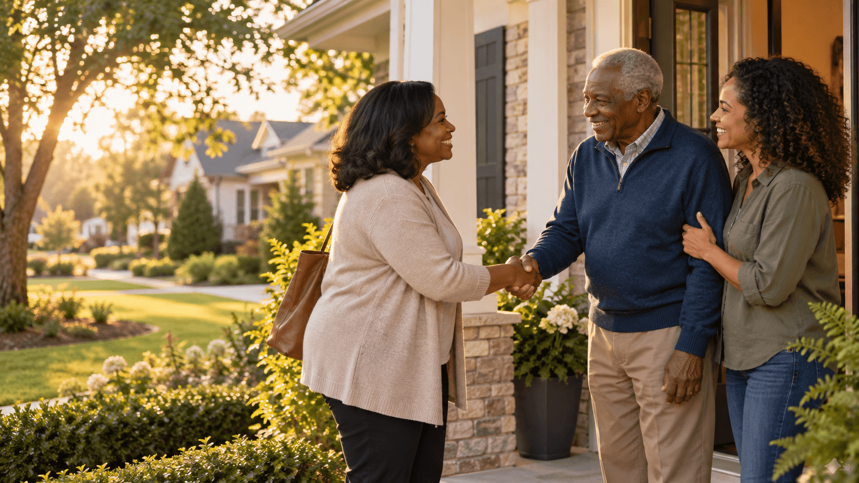 Trusted companion greeting an older man and his daughter at their home