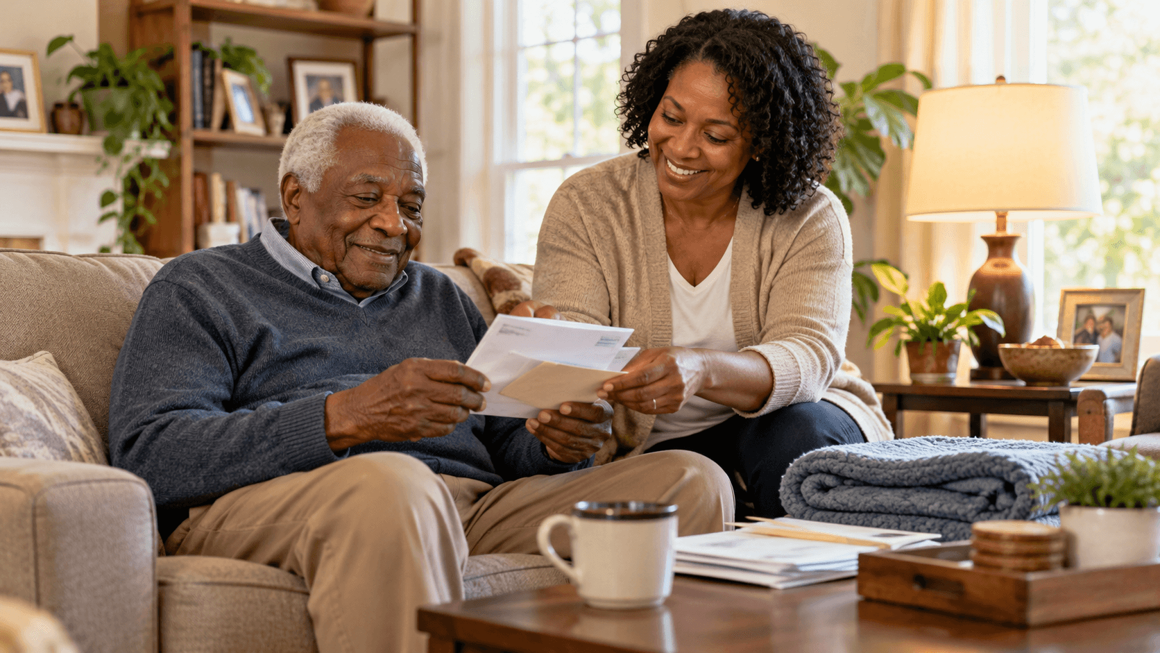 Companion gently assisting senior during transition home after hospital discharge