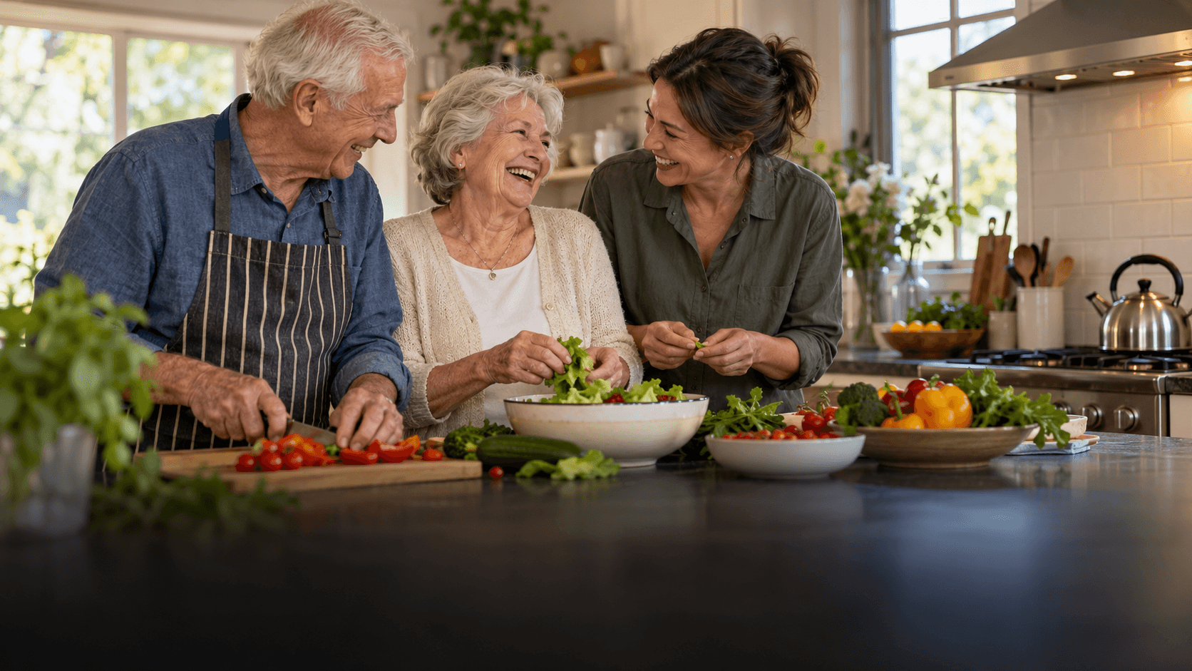Older couple preparing a fresh meal with their companion in a bright home kitchen
