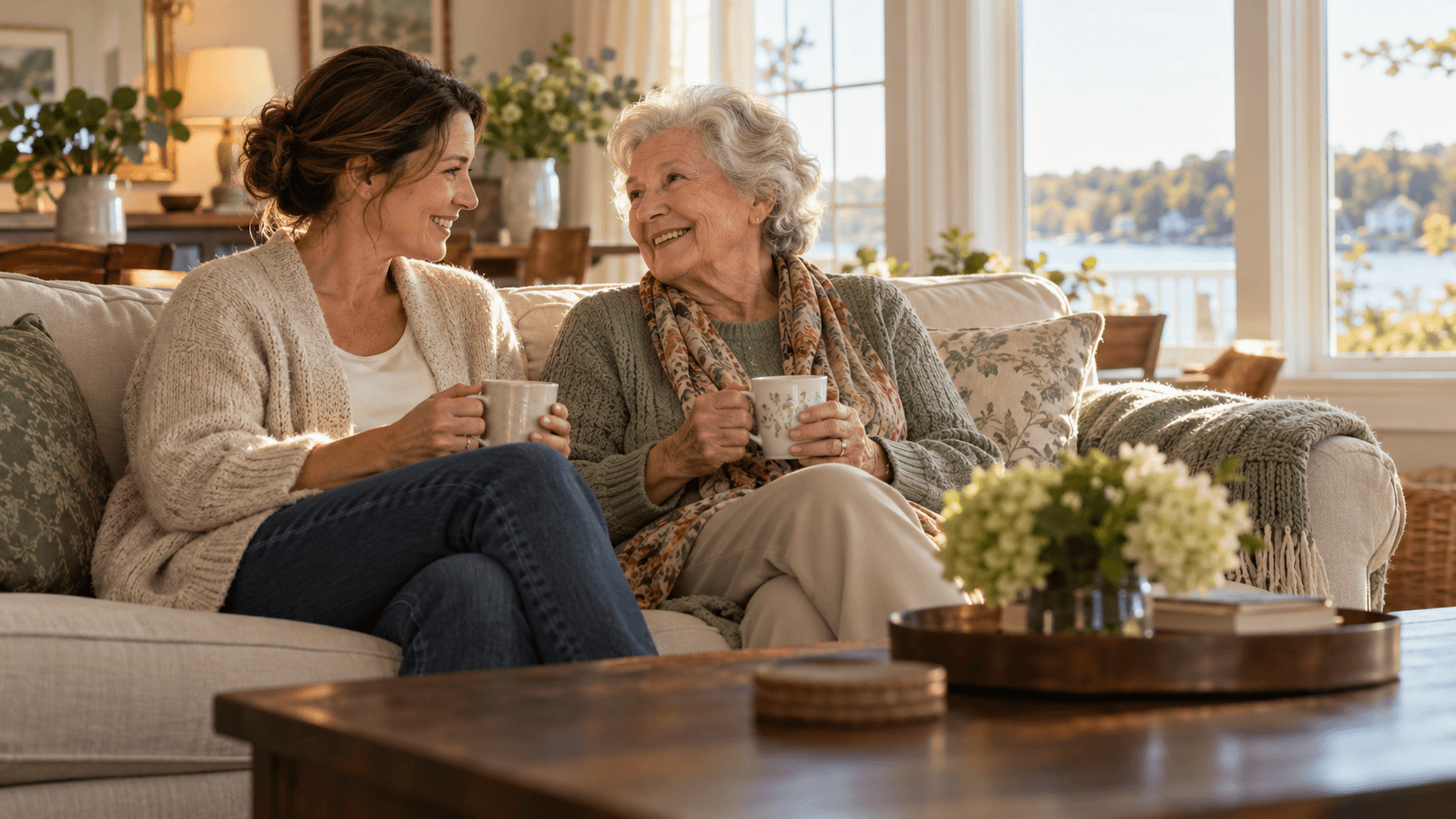 Older woman sharing tea with her companion in a warm, sunlit home