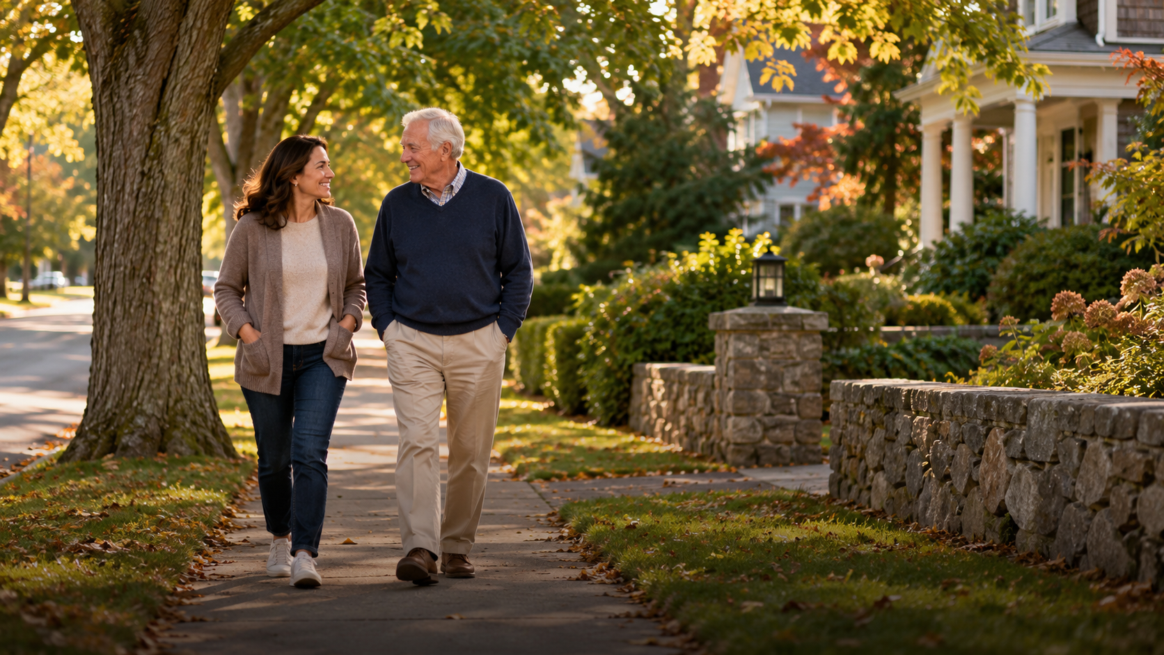 Older man enjoying a sunny neighborhood walk with his companion