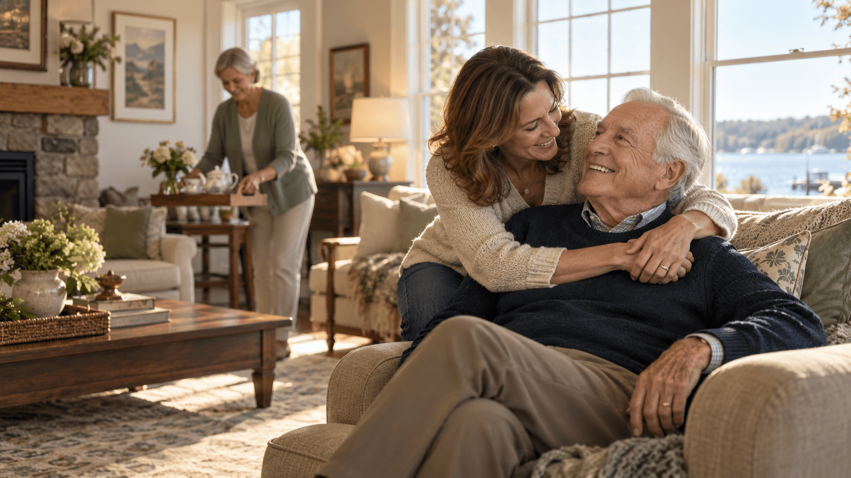 Adult daughter warmly embracing her elderly father at home with peace of mind