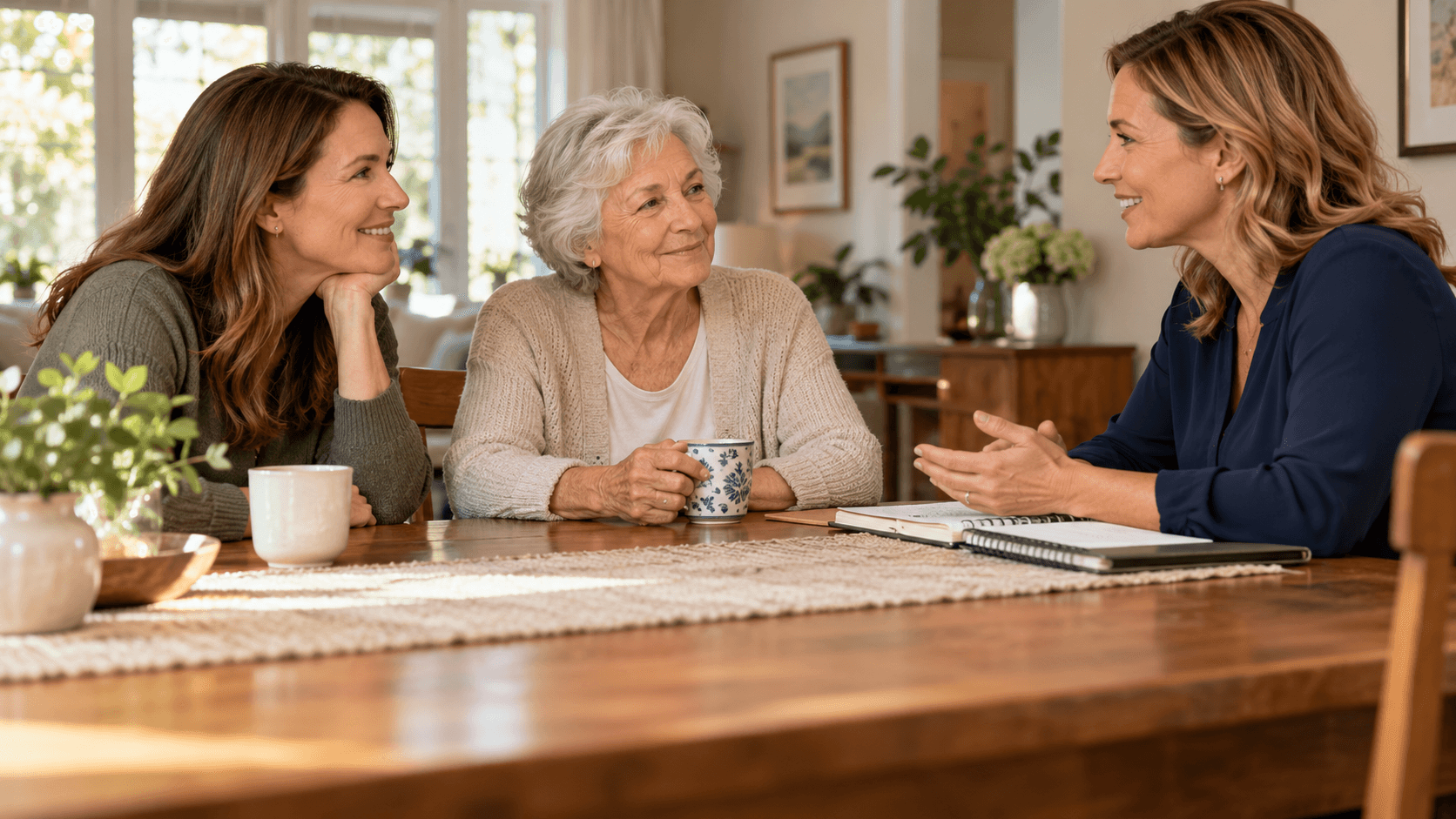 Family members meeting with a care coordinator at home