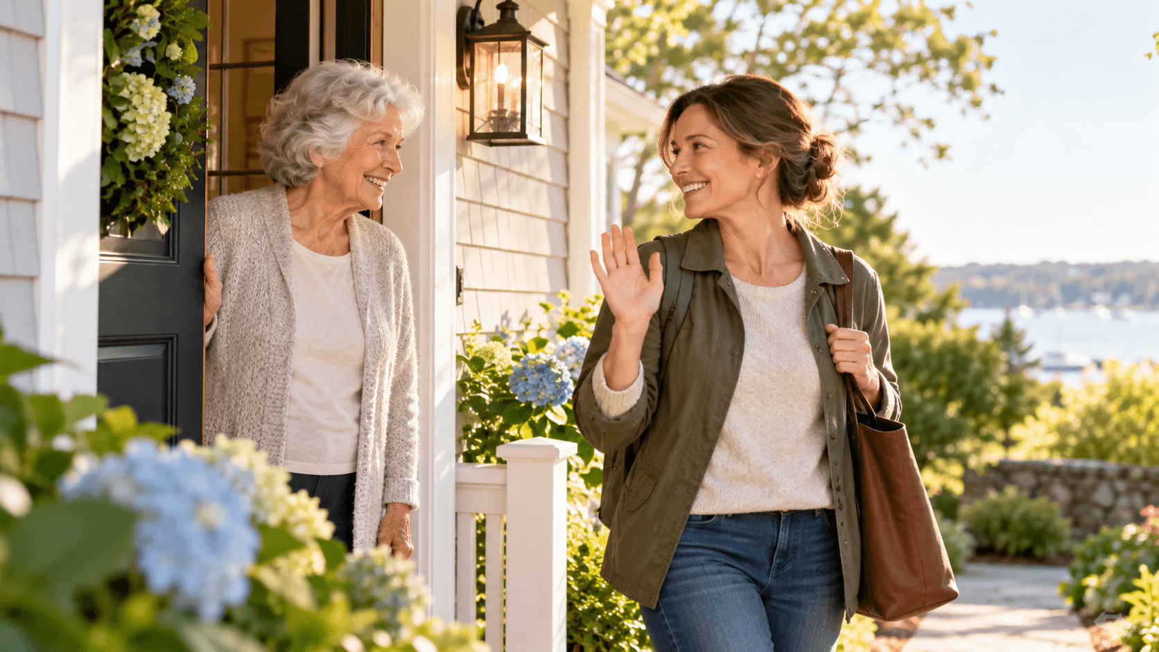 Companion leaving a meaningful visit with an older adult at her home