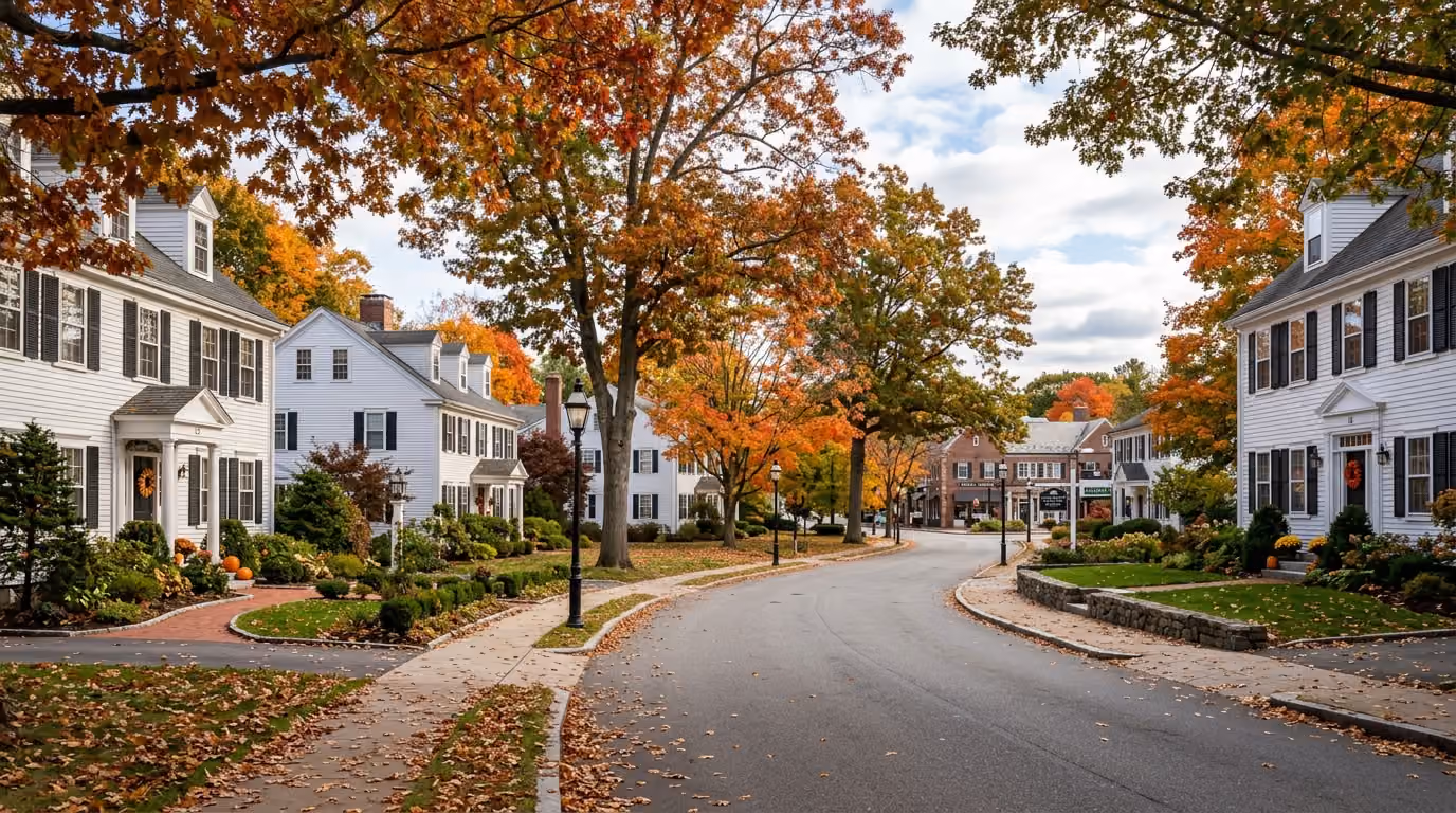 Scenic, serene Massachusetts neighborhood with tree-lined street