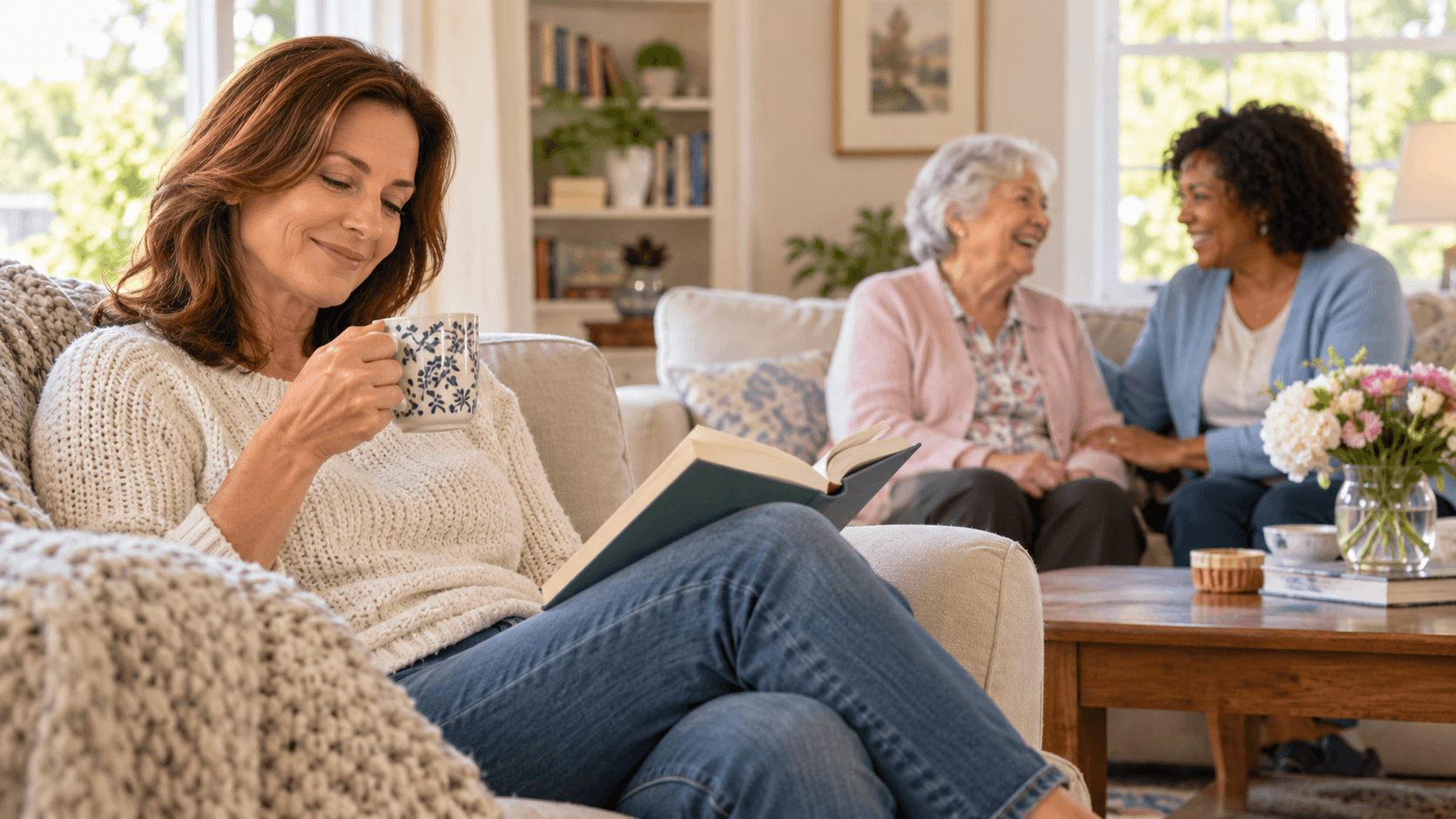 Relieved family caregiver resting knowing spouse is in good hands