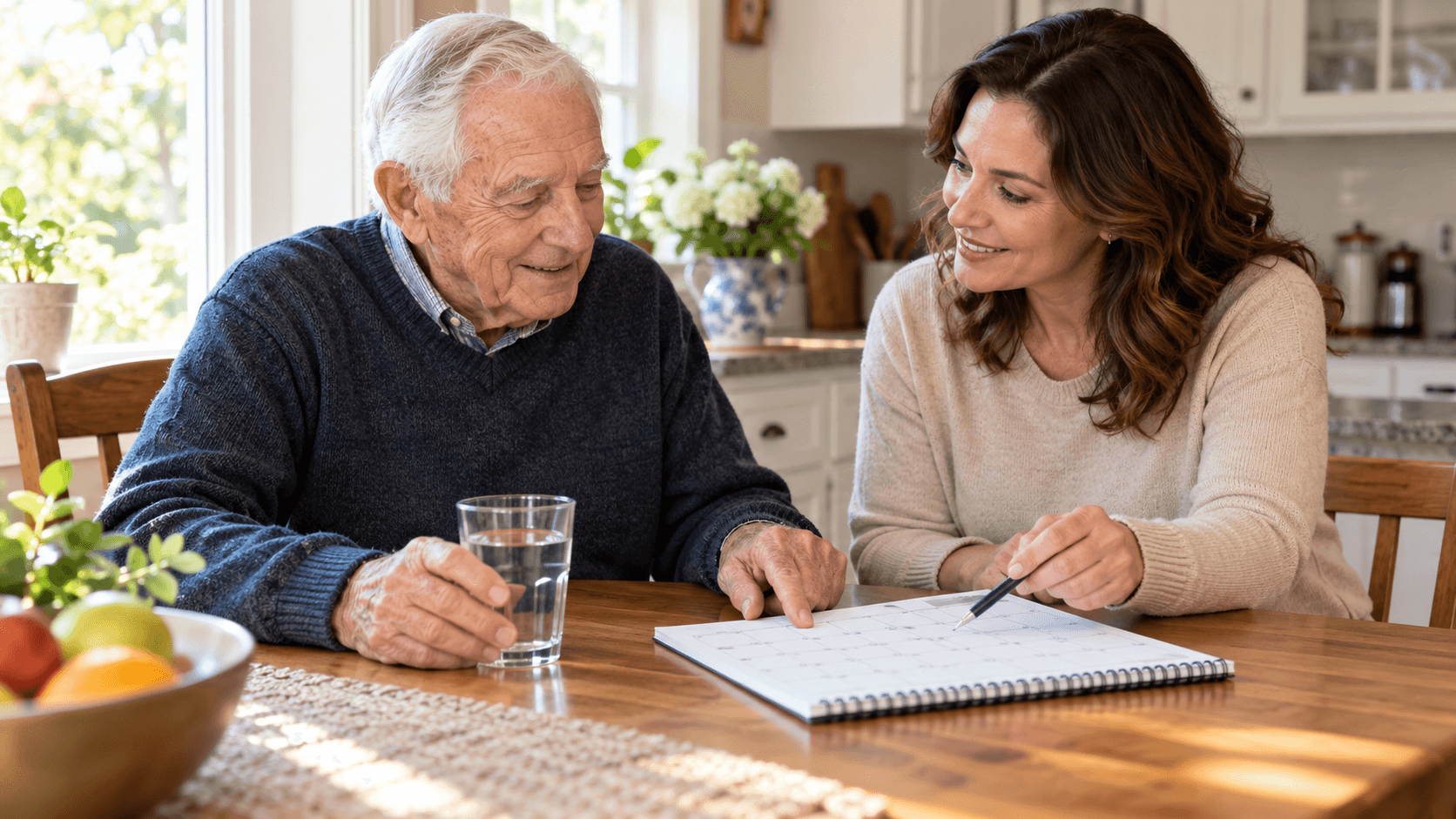 Caregiver doing routine wellness check and gentle schedule review with senior