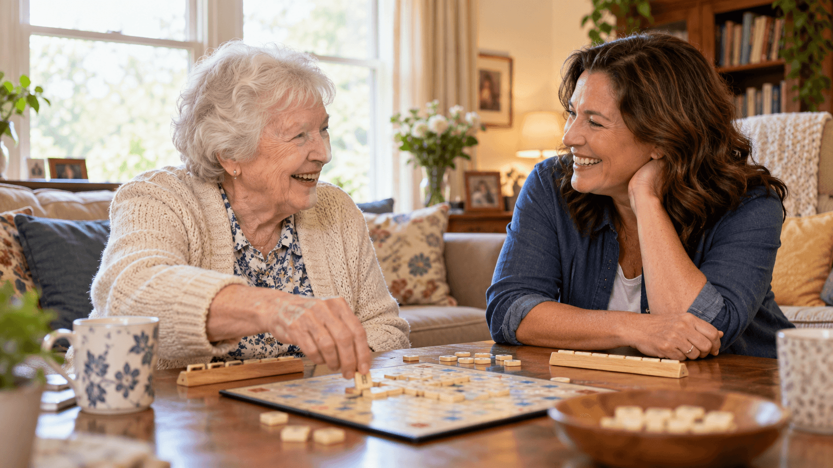 Companion having a warm conversation and playing board games with senior