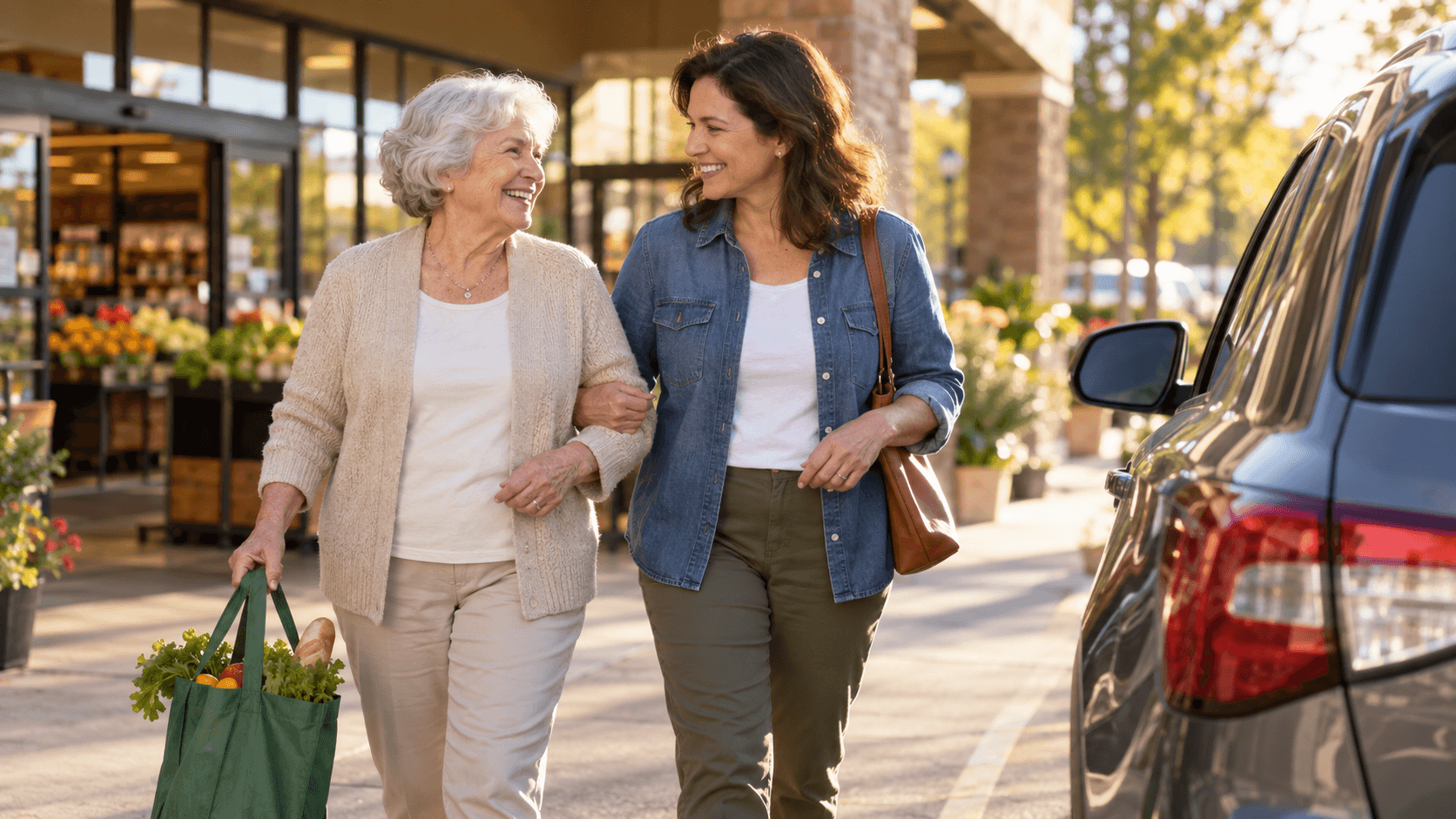 Companion walking senior client to car for local errand and appointment