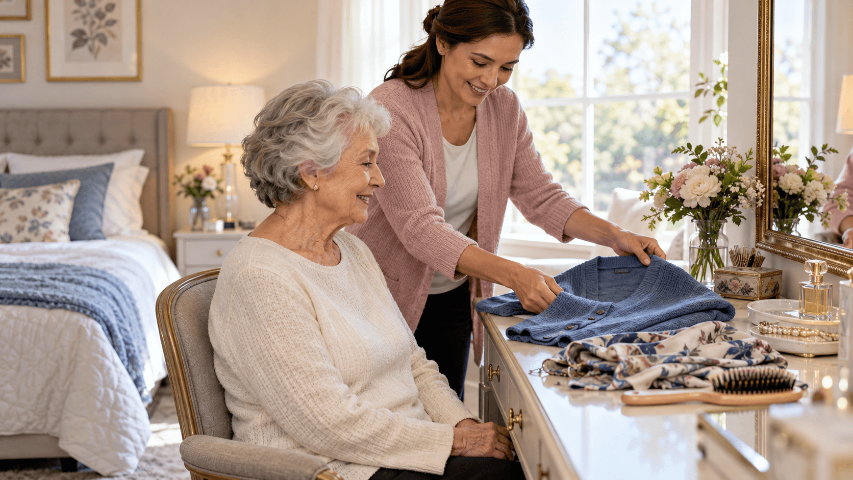 Companion respectfully helping an older adult prepare for their day