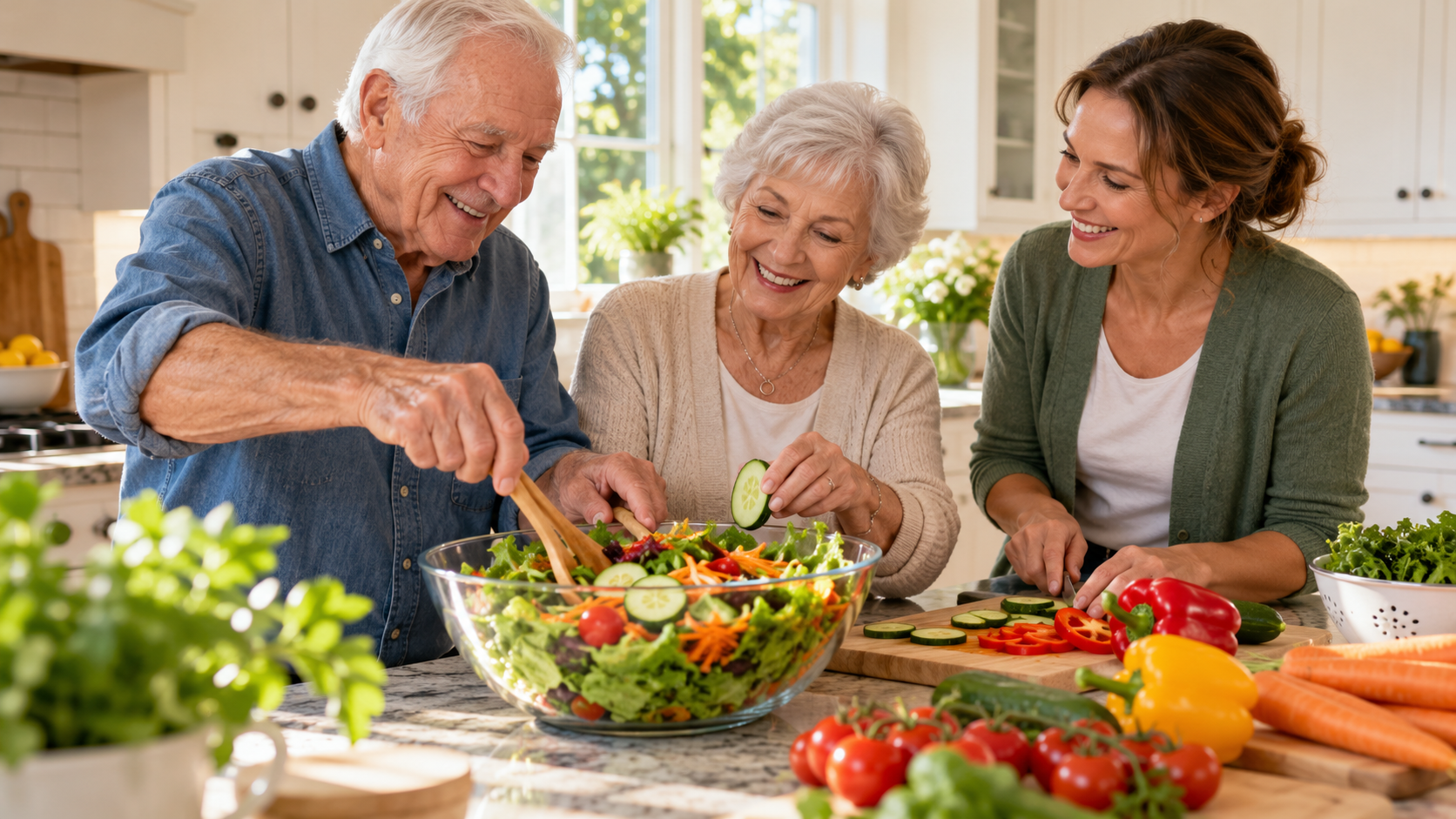 Companion preparing fresh healthy meal in kitchen for elderly client
